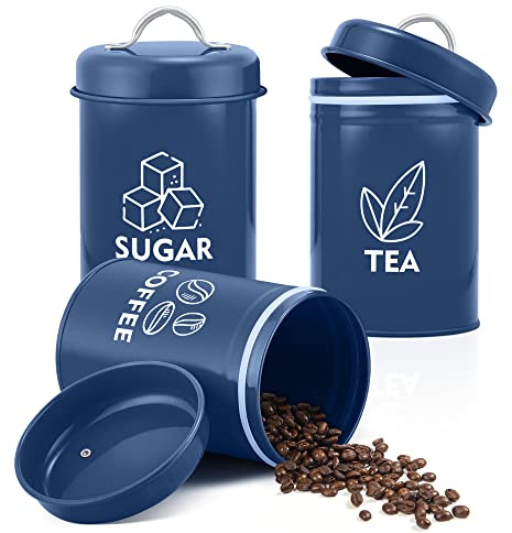 Joyfair Tea Coffee Sugar Canisters, 3 Pack of Metal Food Storage Jar with Air Tight Lid, Round Food Canisters Great for Storing Beans, Nuts, Candies, Cookies, Ideal for Kitchen/Office/Camping, Blue
