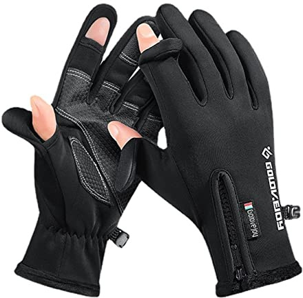 Winter Fingerlose Angelhandschuhe für Männer, Wasserabweisend & Anti-Rutsch Kaltes Wetter Touchscreen Warme Fahrradhandschuhe für Motorrad Arbeit Fahren Jagen Ski Laufen Wandern Fotografie,Schwarz,L