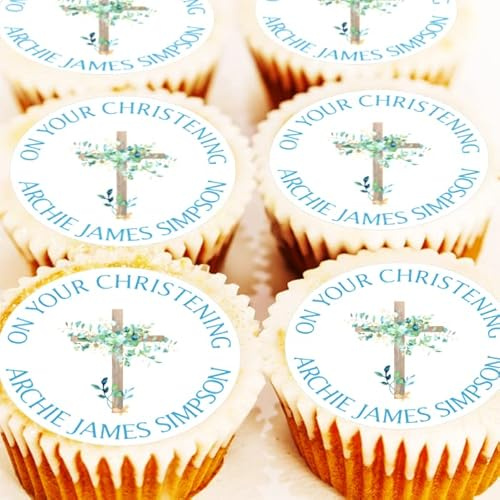 Personalised Christening Cake Toppers - 4cm x 24 - Edible Icing or Wafer - Blue Flowers Floral Cupcake Decorations (Edible Icing)
