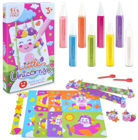 Sabbiarelli Sand-it For Fun – Kit Little Unicorns 3+ | Kit med Sand Art på enhörningstema 100% Made in Italy med färgad sand, självhäftande motiv och tillbehör | Kreativt pyssel för barn 3-7 år