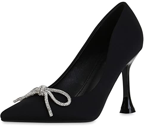 VAN HILL Damen Spitze Pumps Stiletto Schuhe Party Satin-Optik Absatzschuhe Strass Schleifen Freizeit Partyschuhe 210724 Schwarz 36