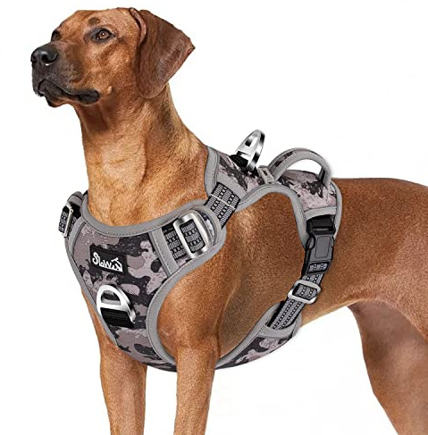 Eyein Hundegeschirr für Hunde mit 2 Clips und leicht zu bedienendem Griff | Anti Zug Brustgeschirr für große Hunde, Verstellbare & reflektierende Geschirr für tägliches Training (Tarngrau, L)