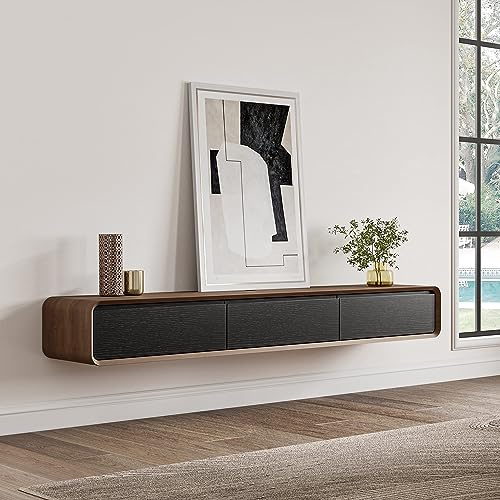 POVISON TV Schrank schwebend 200cm modern Schwarz & Walnussholz aus Massivholz mit 3 Schubladen, TV Lowboard hängend mit Kabelmanagement hochwertig, Komplettmöbel mit Stauraum für Wohnzimmer