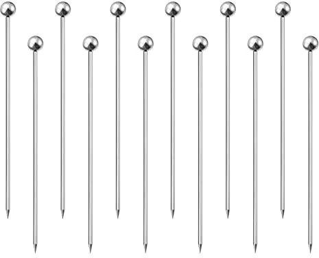 sourcing map Cocktail Toothpicks, 12Pcs 4 Inch Stainless Steel Long Reusable Metal Round Bead Cocktail Skewers for Drinks Appetizer Fruits