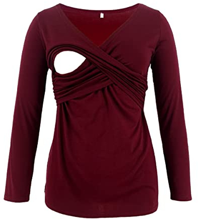 SISAY T-Shirts à Manches Longues Maternité Vetement Femme Enceinte Grossesse Hiver Tee Shirt Allaitement Haut Imprimé Mignon Tunique Portefeuille Col V Blouse Automne Pull Printemps Chic et Elegant