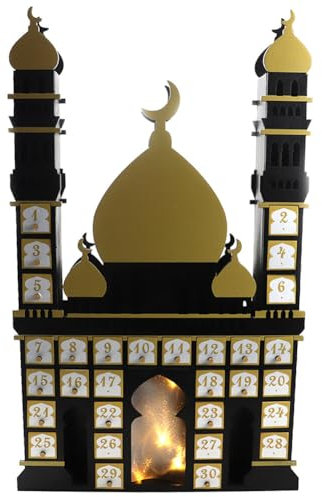 Calendrier du Ramadan avec lumière LED - Mosquée - À remplir - Boîtes à tiroirs - Décoration en bois - Calendrier de l'Avent - Compte à rebours - Cadeaux pour enfants - Noir