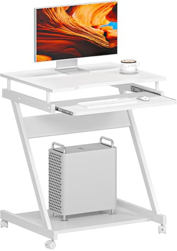 sogesfurniture Table Roulante, Bureau d'ordinateur avec roulettes, Plateau de Clavier et Étagère de Rangement pour Bureau et Domicile, Table d’étude 60x48x73 cm, Blanc