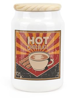 Purely Home Retro Drinks Ceramic Hot Chocolate Storage Canister - 1950s Style Kitchen Food Storage Container & Wooden Lid 600ml (14.5cm x 9.5cm)