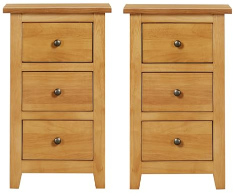 Hallowood Furniture Aston Oak Bedside Tables Set of 2, Narrow Side Cabinets