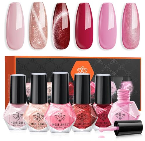 Modelones 6 PCS Schnelltrocknender Nagellack - Pink Rot Cat Eye Glitzer, Ungiftig Auf Wasserbasis, Langanhaltend für DIY Salon - Geschenk für Frauen Mädchen