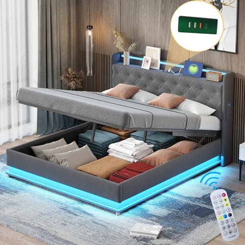 MQLAE Polsterbett 160x200 LED Bett, Doppelbett mit Stauraum und Lattenrost, Kopfteil mit Staufach und USB-Ladefunktion, Hydraulisch Stauraumbett Funktionsbetten Rückenlehne Bettgestell, Leinen, Grau