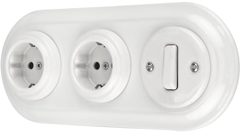 Unterputz Porzellan Retro Steckdose, Schalter, 3-fach, All-in-One, SET Serie PR1 weiß