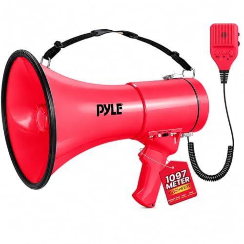 Pyle megafono, Altavoz, Portatil, 50V, Volumen ajustable, Sirena, Correa para el hombro, Entrada AUX, Compacto, Ideal para anuncios, Eventos, Deportes y mas
