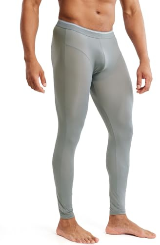 MIZOK Men’s See Through Mesh Compression Pants Ice Silk Yoga Slim Leggings Tights Grey L