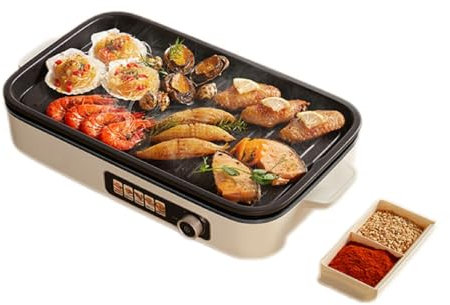 hxoity Parrilla De Barbacoa Eléctrica Compacta De Mesa Parrilla De Barbacoa BBQ Eléctrica De Alta Potencia De 1500W con Sartén para Barbacoa Extraíble, Fregadero De Aceite Y Caja De Condimentos