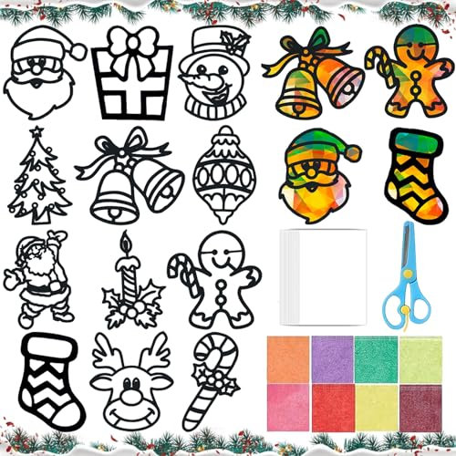 Auzlya 12 Stück Weihnachten Basteln Kinder, Bastelset für Fenster, Buntglas, Fensterbilder - Buntes Bastelset, Weihnachten Bastel Idee