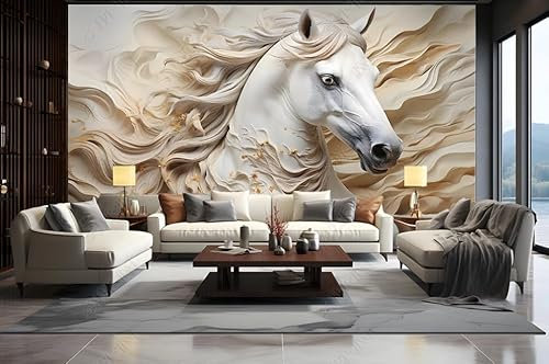 ZYHFDC Papier Peint Panoramique Relief en plâtre du cheval blanc Tableaux Muraux Tapisserie Photo Décoration Murale Salon Chambre 300CM(L)*210CM(H)