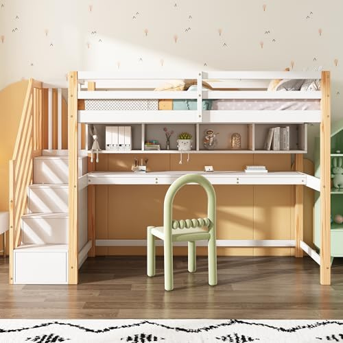 KecDuey Lettino a soppalco per bambini, 90 x 200 cm, con scala di stoccaggio, in legno di pino, letto a castello, culla con grande scrivania e scaffali, colori ecologici (naturale)