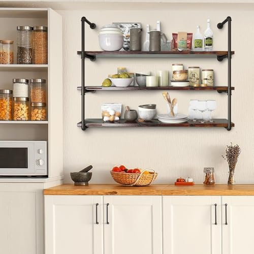 Industrielles Rohrregal Schwebendes Metall-Organizer-Regal Küchen-Gewürzregal, Rustikales Holzleiter-Bücherregal Wandmontiertes Lagerregal für Badezimmer-Wohnzimmer-Dekoration(100x20x90cm)