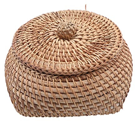 BUGUUYO Rattan Gewebter Aufbewahrungskorb Mit Deckel Snacks Und Kleinigkeiten Aufbewahrungsbox Organizer Für Schreibtisch Wohnzimmer Haushalt