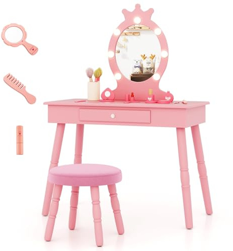 COSTWAY Sminkbord för barn med belysning, 2-i-1 toalettbord prinsessa med avtagbar spegel och låda, smink trä med pall, sminkbord flicka för barn från 3–7 år (rosa)