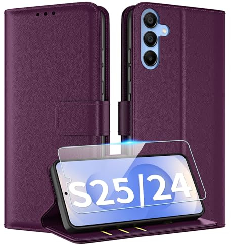 TQIAHF Coque pour Samsung Galaxy S25 5G / S24 5G Etui avec Verre Trempé Porte Carte à Rabat Clapet Portefeuille en Cuir Pochette Flip Case Étui Cover Housse Protection,Violet Foncé