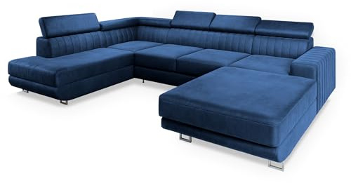 Masseno Ecksofa Siena L-S mit Schlaffunktion U-Form, Sofa mit Bettkasten, Wohnzimmersofa, Couch, Soffa, Bettsofa, Couchgarnitur- Blau, Monolith 77