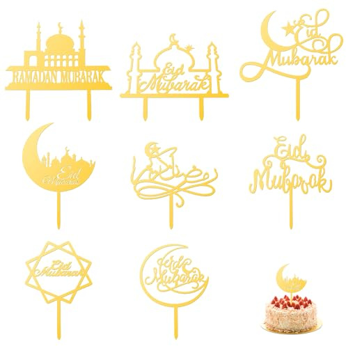 8pcs Eid Mubarak Cake Toppers, 8 Styles Acrylic Ramadan Cake Topper Moon Star Cupcake Topper Eid Mubarak Decorations for Eid Ramadan Islamic Muslim Party Decor (Gold)