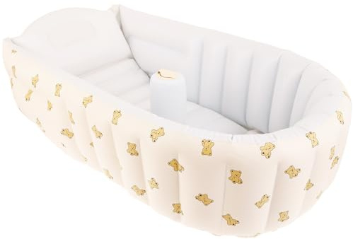 Foppla Vasca da bagno gonfiabile per bambini, in PVC, con pompa ad aria integrata, pieghevole, da viaggio, ergonomica, antiscivolo, facile da svuotare per bambini (bianco-1-Love Bear)