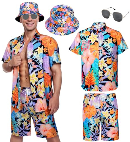 Moerstar Camicia Hawaiana Uomo, Camicia Fiori Hawaiana Set con Pantaloncini Cappello Occhiali Camicie Hawaiane Casual Camice Uomo Estive per Travestimenti, Feste Spiaggia