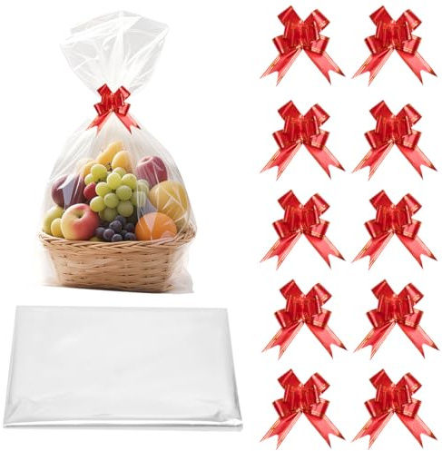10 große, transparente Cellophan-Geschenktüten, 70 x 50 cm, wiederverschließbar, ideal für Geschenkkörbe, Geburtstagsgeschenke, Weihnachtsgeschenke oder Obstverpackungen