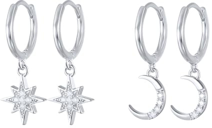 Hinvan 2 Par 925 Sterling Silver Örhängen Stjärna Ring Örhängen Silver med Hänge Stjärna Måne Kvinnliga Örhängen Små Örhängen För Kvinnor Flickor, pequeño, Sterlingsilver, Kubisk zirkonia