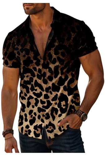 Verdusa Men's Leopard Print Button Down Shirt Short Sleeve Collar V Neck Casual Shirts Leopard Brown Medium