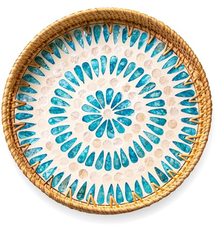JUNGLE CULTURE Rattan Serving Tray 30 cm/12 with Mother of Pearl Inlay • Coastal Boho Collection • Handcrafted Woven with Handles for Home • Round Dining Table Tray • Wicker Serving Basket – Ripple