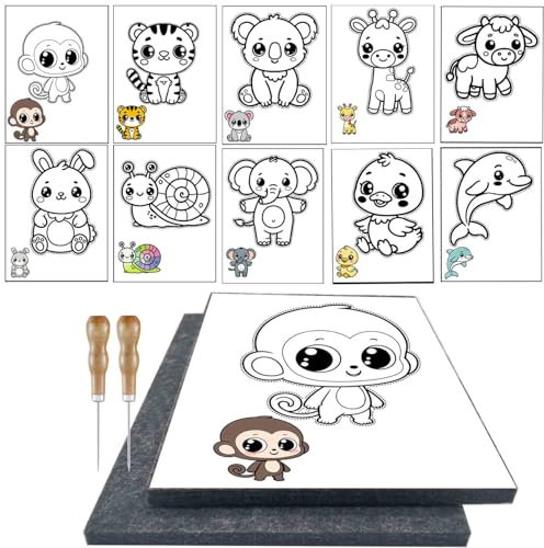 AuFiiy Tingling prickling set for children - 10 animal motifs, 2 x 9 mm tingling pads (15 x 20 cm), 2 pricking needles, creative crafts from 4 years