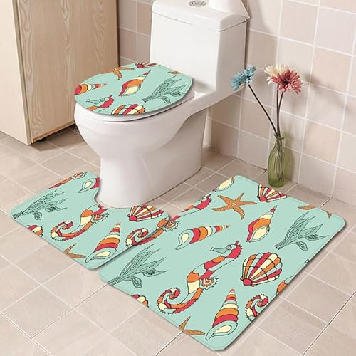 Badezimmerteppich Grüne Rote Seepferdchen WC Vorleger mit Ausschnitt WC Deckelbezug 3 Teiliges WC Teppich rutschfeste Badgarnitur U förmiger Badematte Waschbar Bad Teppiche Set 50x80 cm