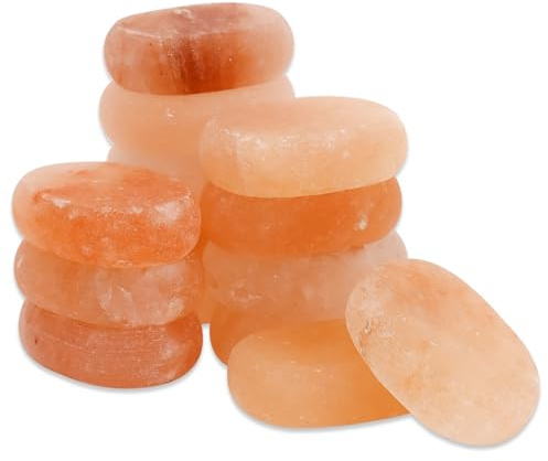 14 Pcs Himalayan Salt Massage Stone Pink Crystal Hand-Carved Stone for Massage Therapy and Deodorant Flat Oval Hot Cold Stones for Spa Relaxing Healing, 9 x 6.5 cm