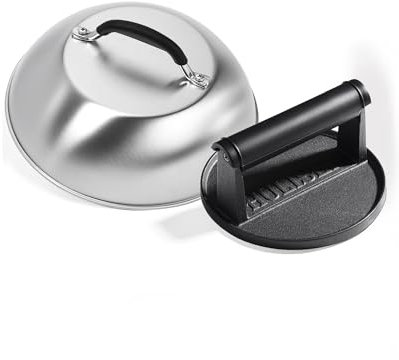 HULISEN Cast Iron Burger Press and 9 Inch Stainless Steel Melting Dome, Griddle Accessories Kit for Bacon, Cheese, Steak, Burger Smasher, Flat Top Cooking, Indoor & Outdoor Use