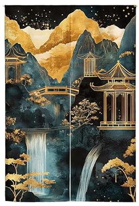 Küchenvorhänge Goldener Wasserfall Blau Scheibengardinen Polyester Vorhang Kurz Waschbar Raumteiler Vorhang Vorhänge Kurz Gardinen Langlebig Küchenvorhang Verdickung Vorhang Tür Door Curtain 90x200cm
