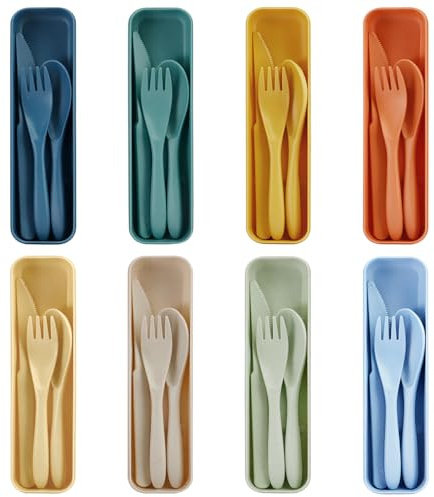 Zoyiancy Set di 8 posate da viaggio con astuccio, posate in plastica, coltello riutilizzabile, forchetta, cucchiaio per picnic, scuola, ufficio, pranzo, campeggio (2)