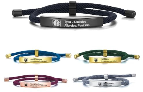 GSTFY Personalised Emergency ID Bracelet For Men Women Adjustable Rope Custom Engraved Medical Alert Bracelet Health Information Survival Jewellery Birthday Christmas Gifts 5 Colors