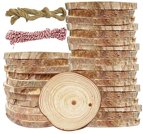 YOOSI 30 Stück Holzscheiben 6-7 cm mit Loch, Unvollendete Holzkreise mit 2 Baumwollschnüren, für DIY Deko, Basteln, Hochzeit, Weihnachten