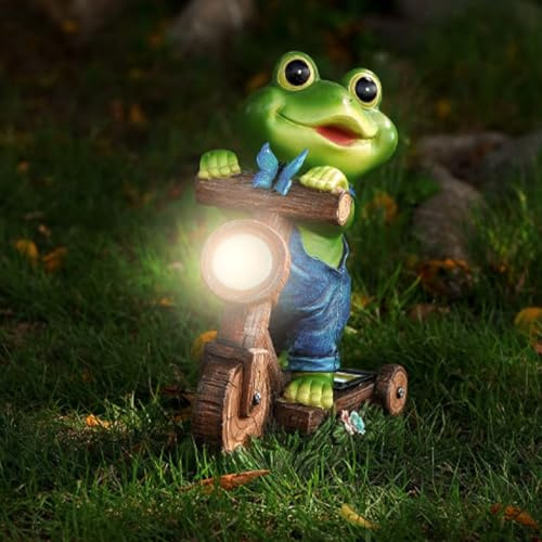 Cuteefun Decorazione Solare da Giardino Rana per Esterno, Decorazione Animale da Giardino con Luce Solare, Statua di Rana Su Scooter per Cortile, Regalo di Compleanno Donna Mamma per Casa