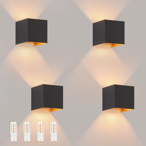 Laittiin LED Wandleuchte Innen Wandlampe 4ER Aussenlampe Schwarz Gold G9 | Außenlampe Up Down wandleuchten Innen/Aussen Einstellbar Abstrahlwinkel 3000K Außenwandleuchten für Hauswand Garten