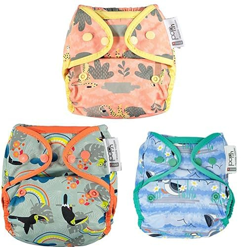 Pack 3 Pañales de Tela Lavables Reutilizables Bambú, talla única adaptable hasta los 16 Kg corchetes, Unisex (Cheetah, Toucan, Puffin)