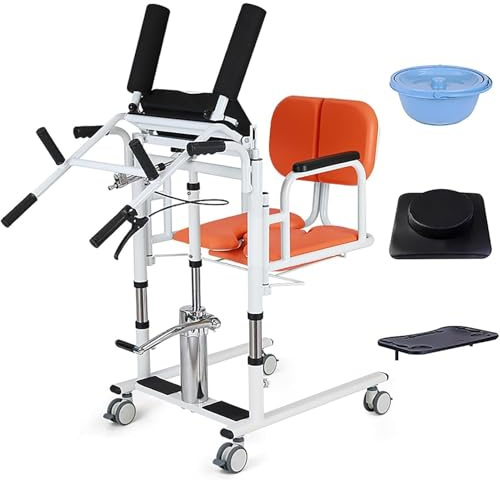 Hydraulic Patient Lift, Manual Hoist Transfer Chair with Rolling Wheels, Adjustable Wheelchair with 180° Split Seat and Bedpan for Home Use
