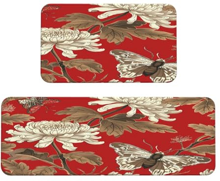 Ginfult Set di 2 tappeti da cucina con crisantemo giapponese, motivo floreale e farfalle, antiscivolo, assorbenti, per camera da letto, bagno, ufficio