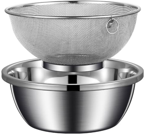 HOMSFOU Passoire à Riz en Acier Inoxydable 2 Pièces avec Panier D'égouttage 20 Cm et Bol Mélangeur 22 Cm, Mailles Fines pour Légumes, Fruits et Cuisson, Ustensile Cuisine Résistant