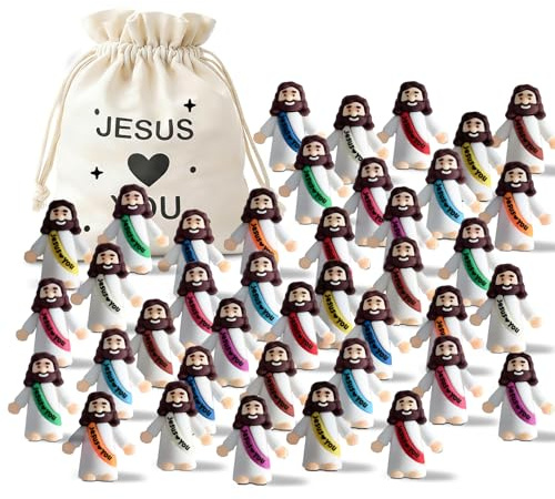 50Pcs Mini Jesus Figures Bulk Jesus Loves You Figurine with Drawstring Bag Cute Little Jesus Figures for Easter Basket Egg Stuffers Church Baptism Gifts Religious Party Favors Supplies (Holding Hands)