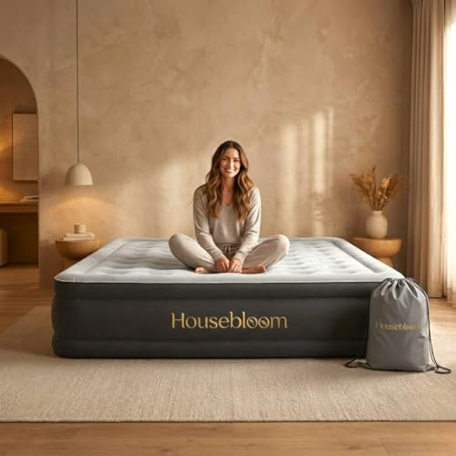 Housebloom Air Bed - Single Air Mattress with Built-in Electric Air Pump, 3 Minute Self-Inflating/Deflating Inflatable Mattress with Flocked Finish, Portable Air Bed for Camping, Home (99x190+46cm)